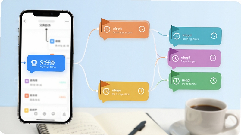 myPlan任务拆解功能示意图,画面显示一个手机界面,左侧是父任务节点,向右延伸出多个彩色子任务卡片,卡片上带有小旗帜和时钟图标,背景为淡蓝色渐变,下方有模糊的笔记本和咖啡杯,整体风格干净明亮,突出层级关系与逻辑清晰感