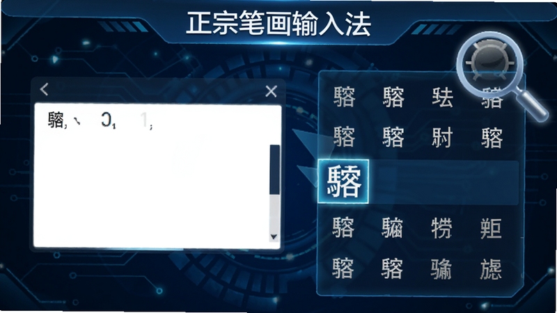 正宗笔画输入法生僻字输入演示图,屏幕左侧显示输入框,右侧弹出候选字列表,高亮显示一个生僻字如“”,背景为深蓝色科技感界面,配有放大镜图标强调查字功能,产品名称正宗笔画输入法需在界面标题栏出现。