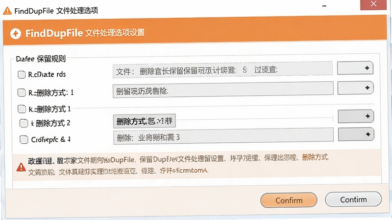 FindDupFile�ļ�����ѡ�����ý����ͼ����ʾ��������ɾ����ʽ��ѡ�������ȷ�ϰ�ť�;�ʾ��ʾ����Ʒ���������ˣ���ɫ�Գ�ɫ�Ͱ�ɫΪ����ǿ����ȫ��