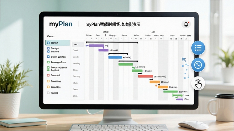 myPlan智能时间线功能演示图,屏幕中央是彩色甘特图与时间轴,左侧为任务列表,右侧有拖动调整的交互图标,背景为办公桌面,色调清新明快