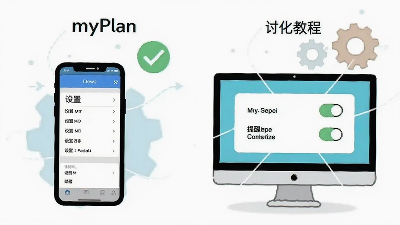 myPlan使用教程插图,画面为手机与电脑的对比操作示意,包含设置菜单与提醒开关,背景有对勾与齿轮图标,线条简约现代