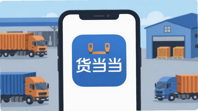 一张扁平化风格的应用主界面预览图,居中展示货当当货主软件logo与手机框架,背景为物流货运场站、货车与仓库元素,画面清晰,主体突出,整体色调以蓝色和橙色为主