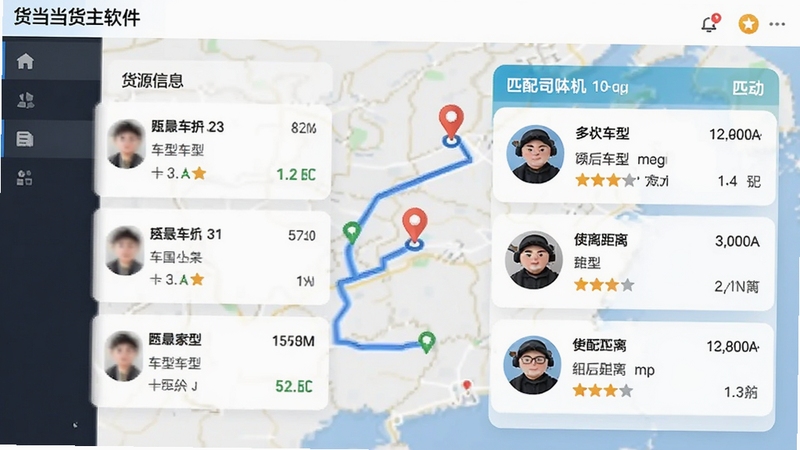 货当当货主软件界面中展示智能匹配功能的截图风格示意图,左侧为货源信息卡片,右侧为匹配到的司机列表,包含头像、车型、距离、评分等元素,背景有地图路线与定位标记,画面清晰直观