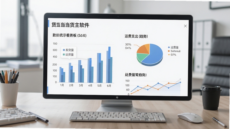 货当当货主软件的数据统计看板图表示意图,包含柱状图、饼图与趋势线,展示发货量、运费支出等数字信息,背景为商务办公桌面,风格简洁专业