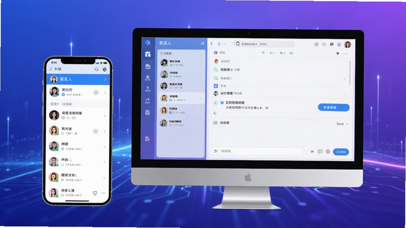 全景展示云云发软件在手机与电脑端同时运行的核心界面,左侧是联系人分组列表,右侧为消息编辑发送面板,背景采用渐变的蓝紫色科技感光效,主体界面占据画面中央,图标清晰醒目,整体风格现代简洁,适合作为软件介绍主视图