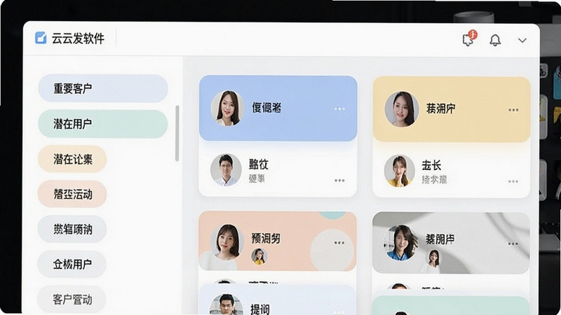展示云云发软件内好友分组管理页面,左侧为自定义标签列表如重要客户、潜在用户,右侧为对应联系人卡片,界面清晰简洁,采用卡片式设计,色彩柔和,软件名称显示在顶部导航栏