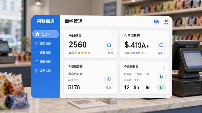 易特商店宝主界面展示,画面中央是简洁的店铺管理仪表盘,显示商品数量与今日销售额,左侧为功能导航栏,整体采用蓝白商务色调,背景为模糊的实体店铺收银台场景,界面图标清晰立体,光线明亮自然,风格现代且注重细节,适配Boogu模型生成。