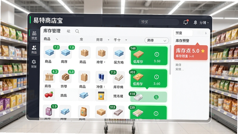 易特商店宝商品管理界面预览,展示商品列表与库存预警提示,背景为整洁的超市货架,商品图标带有库存数量角标,界面以绿色高亮显示低库存商品,画面清晰明亮,风格写实且具有科技感,突出软件对库存管理的精准把控。