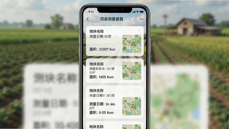 田亩测量器历史记录列表页面,手机界面展示多条测量记录卡片,包含地块名称、测量日期、面积数据与缩略地图,背景模糊的农田风貌,整体设计简约清爽,数据清晰易读。