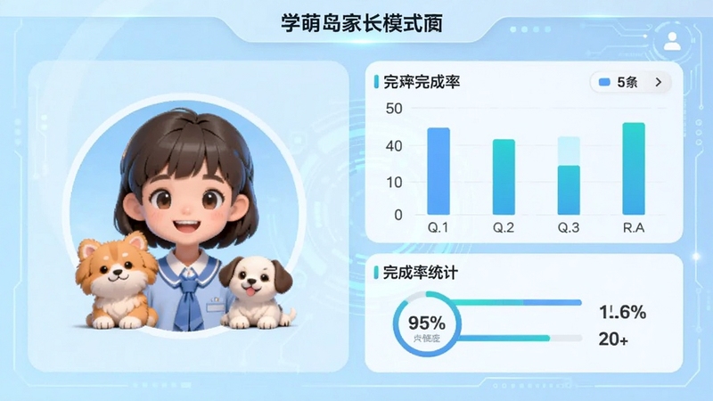 学萌岛家长模式数据报告页面预览,左侧是学生头像与宠物,右侧是柱状图与完成率统计,背景采用浅蓝色科技感UI,干净简洁,突出数据可视化效果
