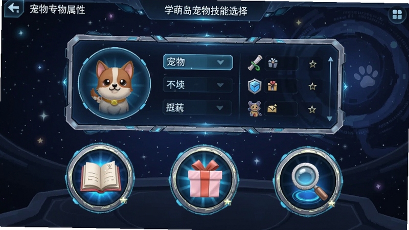 学萌岛宠物技能选择界面截图,画面中央是宠物属性面板,下方有三个圆形技能图标,分别标有书本、礼物和放大镜图案,背景为星空科技风格,UI精致,突出技能搭配的多样性