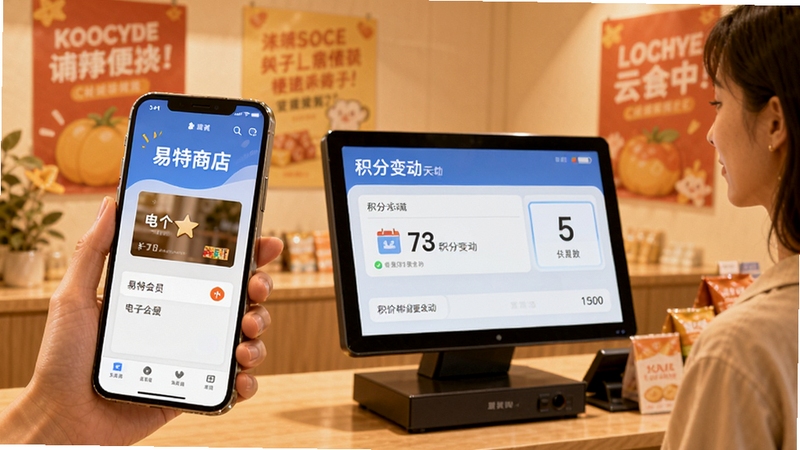 易特商店宝会员营销功能示意图,顾客手机展示电子会员卡,店内收银台屏幕显示积分变动,背景有促销海报,整体氛围温馨,突出软件便捷性