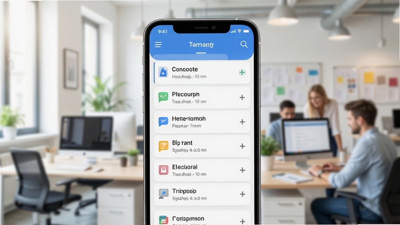 团队任务app主界面预览图,前景展示手机端任务列表清晰排列,背景为模糊的办公室工作场景,整体色调明亮,风格现代简约,突出移动办公与团队协作氛围