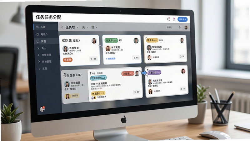 团队任务软件任务分配功能界面截图,屏幕显示任务卡片拖拽操作,不同颜色标签区分优先级,背景为办公桌面,突出任务管理清晰高效