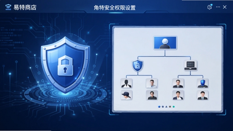 易特商店宝角色权限设置界面,背景为网络安全管理风格,包含盾牌图标与人员架构图,画面干净商务蓝色调