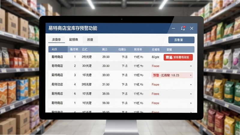 易特商店宝库存预警功能界面截图风格,电脑屏幕显示库存列表与红色预警标识,背景包含货架与商品,整体画面专业商务感