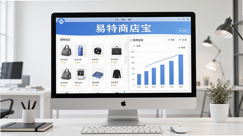 易特商店宝在电脑屏幕上的主界面预览图,展示商品列表与销售柱状图,背景为现代简洁的办公桌面,画面清晰明亮,突出软件名易特商店宝