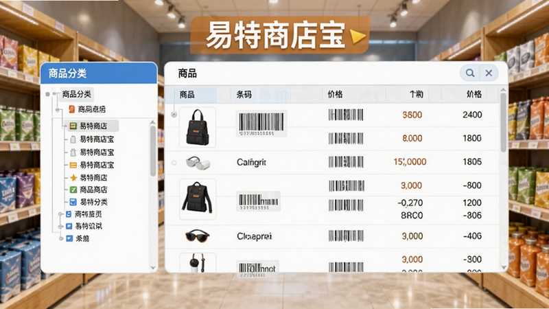 易特商店宝商品管理功能界面示意图,左侧为商品分类树,右侧为商品列表表格,包含商品图片、条码、价格等信息,背景为店铺货架,整体色调明亮,突出易特商店宝的易用性。
