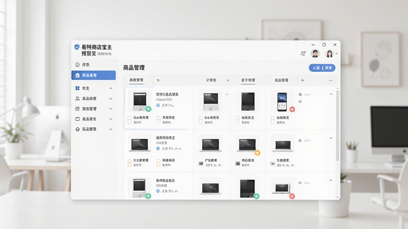 易特商店宝主界面预览图,画面中央是软件的商品管理列表界面,左侧功能栏清晰,背景为简洁的浅色办公环境,突出软件界面布局,整体风格专业清晰,适合官网展示