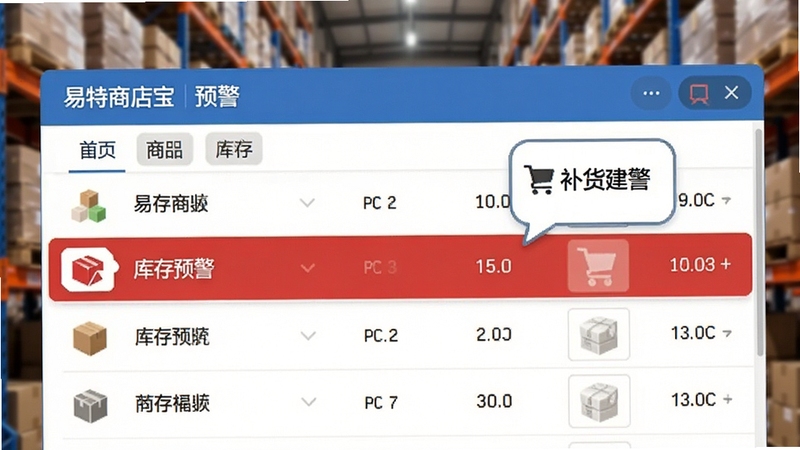 易特商店宝库存预警界面,界面显示一个商品列表,其中一行有红色库存预警标记,旁边有补货建议气泡,背景是模糊的仓库货架,画面清晰,突出预警功能