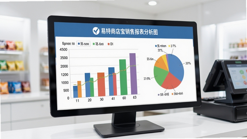 易特商店宝销售报表分析图,屏幕上是彩色柱状图与饼图,展示销售数据,背景为明亮的店铺收银台,图表数据清晰,整体风格商务简洁
