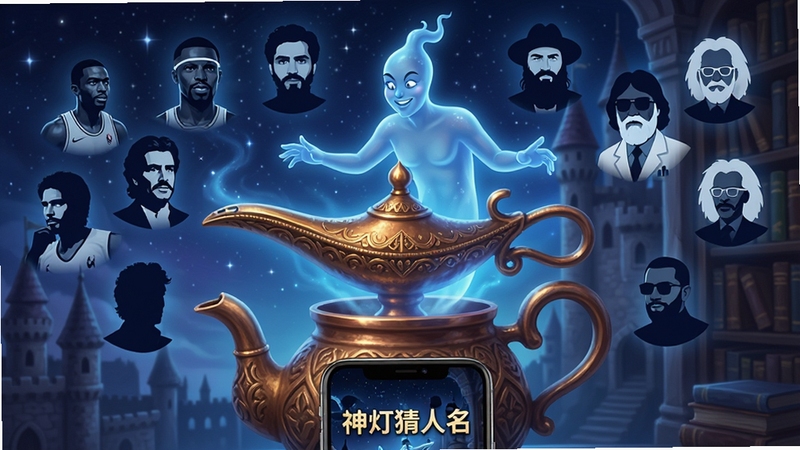 一张神秘蓝色调的阿拉伯神灯拟人化形象,神灯从雕花铜壶中升起半透明精灵,精灵周围漂浮着众多世界名人头像剪影,包括运动员、演员、科学家等,背景是星空与古堡图书馆,画面下方显示手机屏幕的缩略图,屏幕上写着“神灯猜人名”字样,整体风格奇幻华丽,灯光柔和,细节丰富,高清游戏宣传图风格