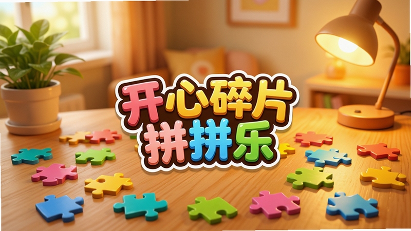 开心碎片拼拼乐游戏主界面截图,展示色彩缤纷的拼图碎片散落在木质桌面上,背景是温馨的房间一角,有绿植和暖光台灯,整体风格明亮治愈,画面中央显示游戏Logo“开心碎片拼拼乐”,构图清晰,适合作为游戏宣传图。