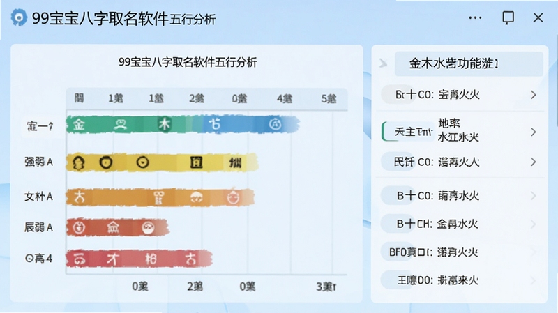99宝宝八字取名软件的五行分析截图,界面清晰显示金木水火土的强弱条状图,旁边标注宝宝生辰对应的天干地支信息,画面专业干净,以浅蓝色调为主,突出数据分析的精准与科技感,99宝宝八字取名功能预览图