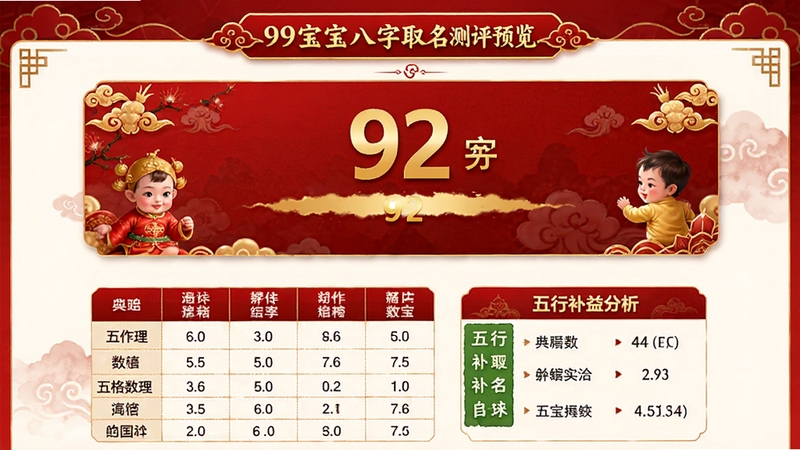 99宝宝八字取名软件的名字评分报告页面,展示一个综合评分92分的好名字,下方有详细的五格数理表格和五行补益分析,界面设计具有中国风元素,红色和金色为主色调,视觉喜庆专业,99宝宝八字取名测评预览图