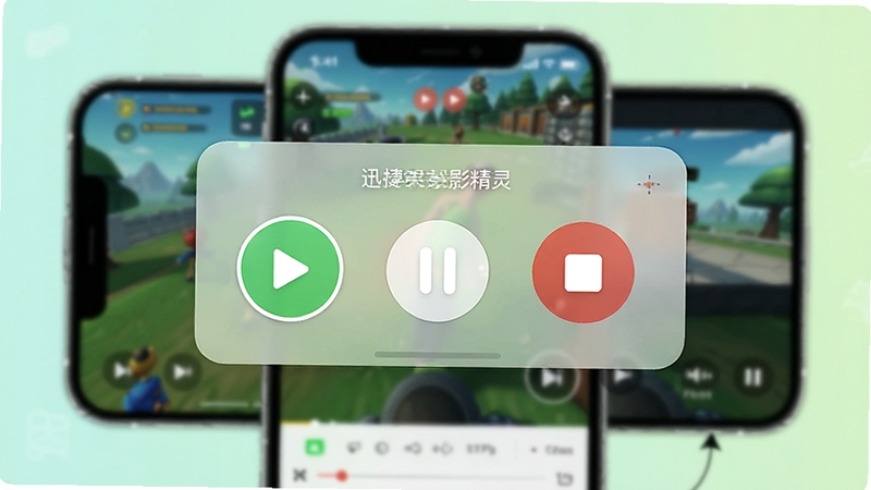 一张展示迅捷苹果录屏精灵主界面的高清预览图,画面中央是简洁明了的录屏控制面板,包含开始录制、暂停、停止等大图标按钮,背景为虚化的iPhone屏幕,展示游戏或视频播放场景,整体色调清新明亮,突出软件易用性和专业性