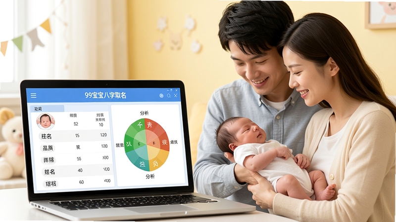一张温馨的家庭场景图,一对年轻父母抱着新生儿,面前摆放着一台笔记本电脑,屏幕上显示“99宝宝八字取名”软件界面,界面有宝宝姓名列表和五行分析图,背景是柔和的浅黄色调,画面明亮温暖,突出软件的专业与亲切感,整体风格写实、细节丰富,适合作为软件下载站的首图预览。