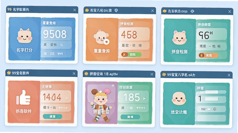 一张展示99宝宝八字取名软件多功能工具界面的示意图,画面由多个小窗口组成,分别显示名字打分、重名查询、拼音检测等模块,每个小窗口都有简洁的图标和文字说明,整体色调清新,采用扁平化设计风格,背景为淡蓝色,突显软件功能的丰富与条理。
