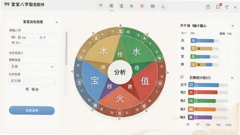 展示99宝宝八字取名软件的八字排盘界面截图风格图片,画面中央是一个圆形的五行分析罗盘,周围标注金木水火土五种颜色,左侧显示宝宝出生信息输入框,右侧列出天干地支及五行统计条形图,整体配色淡雅,界面简约清晰,体现专业性与易用性。