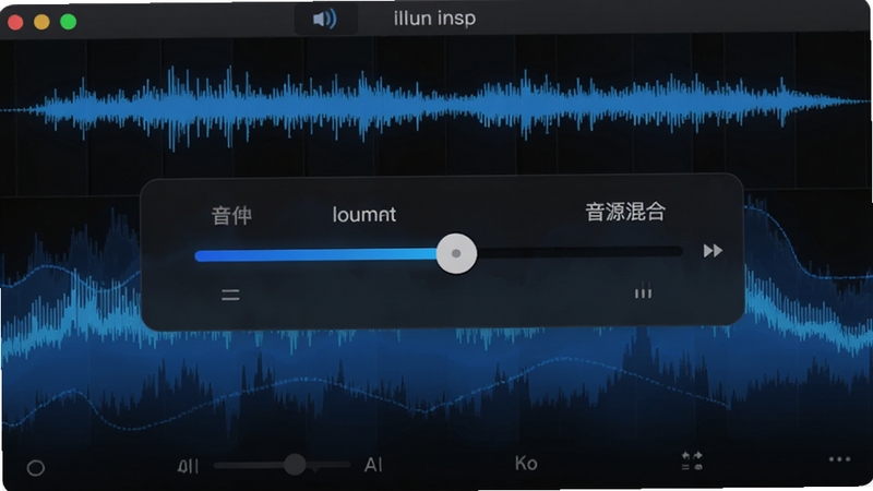 迅捷苹果录屏精灵的音频设置界面概念图,画面中央展示音量调节滑杆与音源混合选项,背景是波形频谱图,整体色调为深色科技感风格,蓝色高光点缀,强调软件在音频内录与麦克风混音方面的专业功能,构图清晰,突出技术特性。