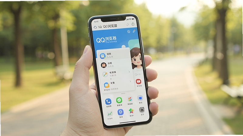 QQ浏览器移动端使用场景,画面展示一只手握着智能手机,屏幕上显示QQ浏览器主菜单界面,背景为模糊的户外环境,强调随时随地使用的便捷性,色彩自然柔和