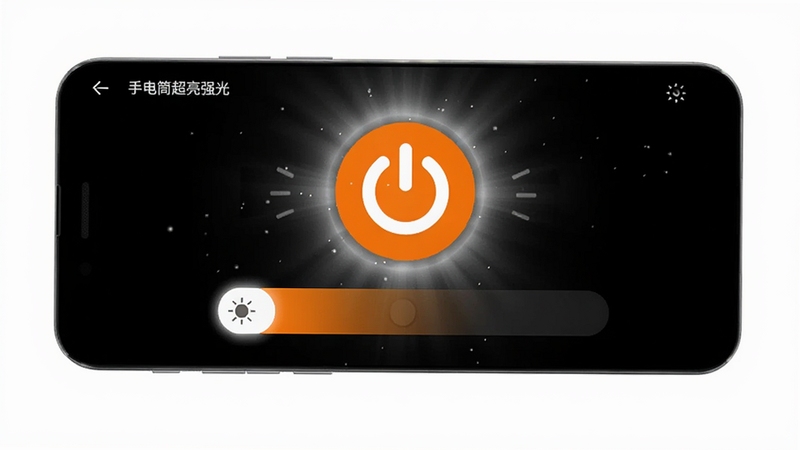 软件主界面展示图,画面中央是一款名为手电筒超亮强光的安卓手机应用界面,背景为深邃的黑色,界面中央有一个巨大的橙色电源按钮和滑动亮度调节条,发出耀眼的白光,照亮周围微小的尘埃粒子,整体风格简洁现代,色彩对比强烈,突显照明功能的核心地位