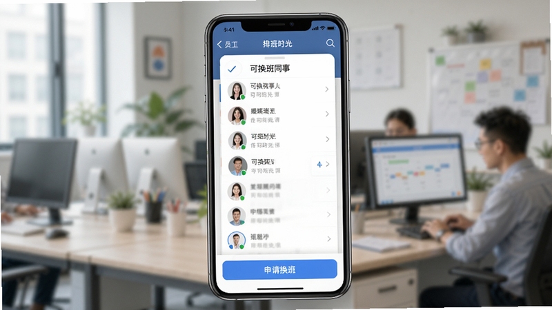 排班时光员工手机端换班操作界面,画面展示一个排班详情页,底部有“申请换班”按钮,上方弹窗显示可换班同事列表,背景为模糊的工作场景,强调移动办公便捷性