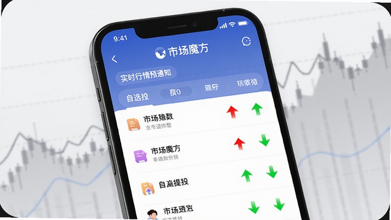 市场魔方实时行情预警通知界面,手机屏幕上显示自选股列表与红色上涨绿色下跌箭头,背景为浅灰色抽象走势图,突出智能提醒功能,画面包含市场魔方字样