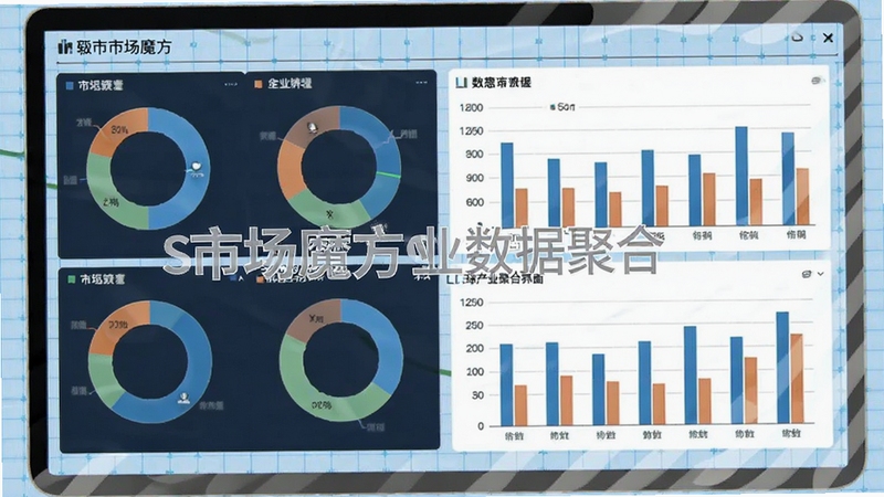 市场魔方全球产业数据聚合界面,屏幕展示多个环形统计图与柱状对比图,背景为淡蓝色商务网格,突出数据清晰度与软件名称水印