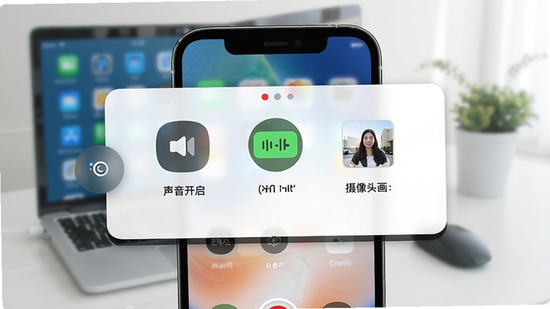迅捷苹果录屏精灵主界面预览图,画面中央为iPhone屏幕录制控制面板,背景虚化处理,展示高清录屏、声音开启、摄像头画中画等主要功能图标,整体风格清爽明亮,突出软件核心功能,适合作为软件介绍首图