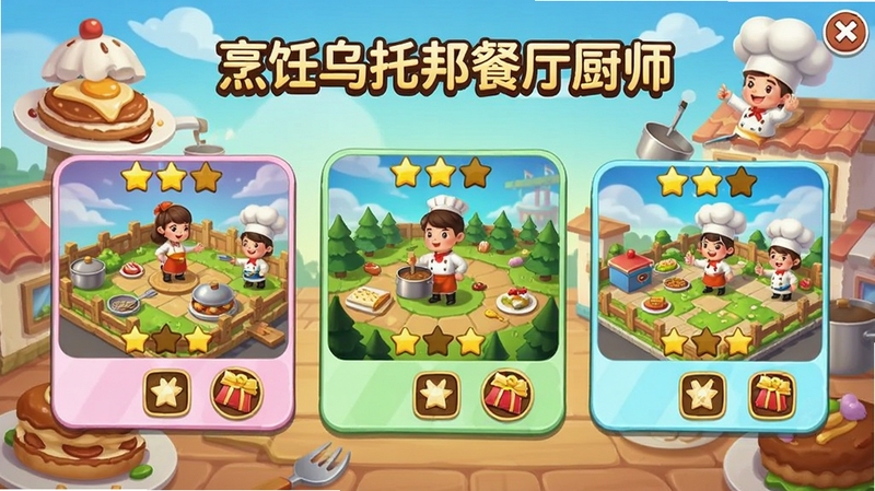 ��Ϸ�ؿ�ѡ����棬չʾ����ؿ���ͼ��ÿ���ؿ������Ǽ������ͽ���ͼ�꣬��������ʳ����廭�������������ã�ͻ����������а������ʦ���ķḻ����