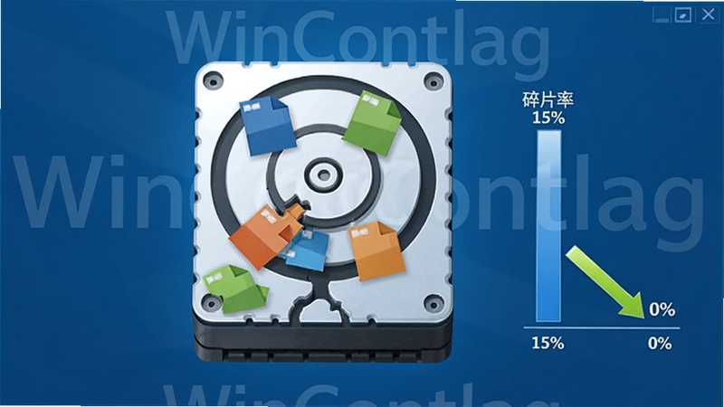 WinContig软件功能示意图,画面中央显示一个巨大的硬盘图标,硬盘内部有多个彩色文件碎片正在被重新排列整合,右侧显示碎片率从15%降到0%的对比数据,整体色调为科技蓝,软件名称WinContig以水印形式出现在背景中,风格专业清晰