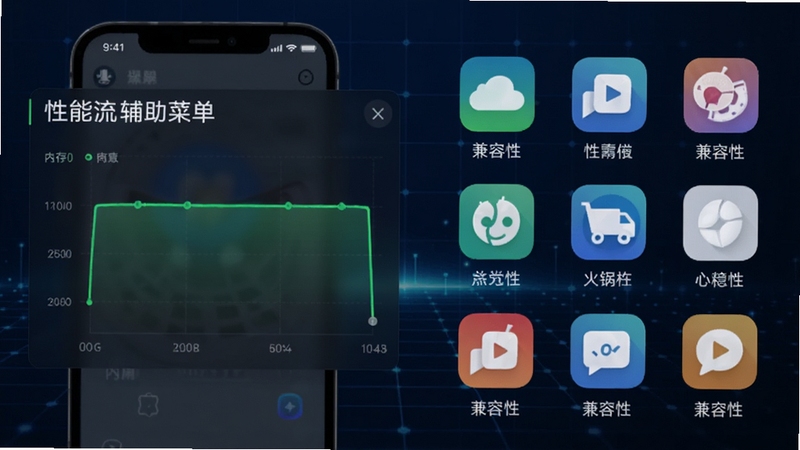 性能优化示意图,画面左侧显示火锅流(辅助菜单)在手机后台运行时的内存占用曲线图,数值平稳,右侧为多个应用图标排列,表示兼容性,背景为深蓝色科技感网格,图表线条为亮绿色,整体风格专业简洁,突出高效、稳定的软件特性。