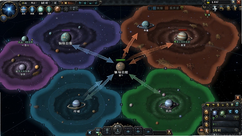 机战:钢铁巨舰的星域争夺战地图界面,显示一个包含多个星系的星图,不同颜色的区域代表不同军团的势力范围,有多个箭头表示舰队动向,整体风格类似策略游戏的沙盘地图,清晰标注了各个星球的名称,画面信息量大且有序。