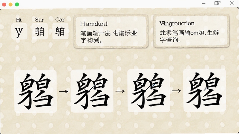 正宗笔画输入法生僻字查询界面,展示输入复杂繁体字“”的笔画拆解过程,界面顶部显示拼音标注和释义卡片,背景为淡雅米色,体现软件专业性与汉字文化底蕴