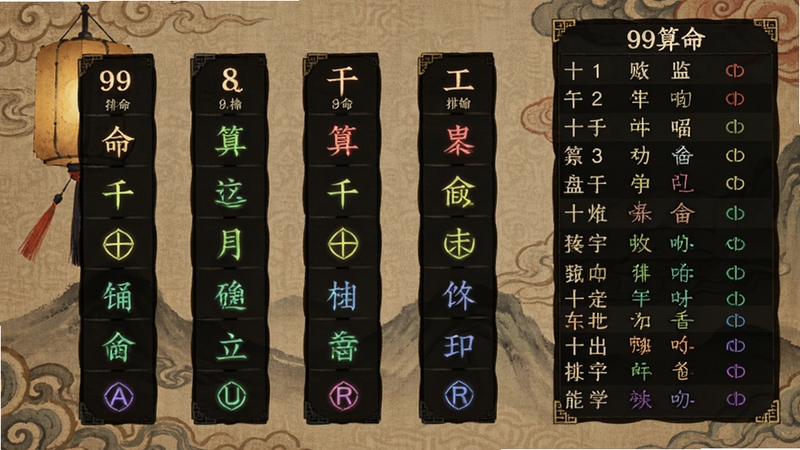 99算命八字排盘功能展示图,屏幕上显示完整的四柱干支,每个柱位配有五行颜色标识,右侧有详细的十神解析列表,背景为古风纹理,整体画面清晰专业,符合传统命理文化基调。