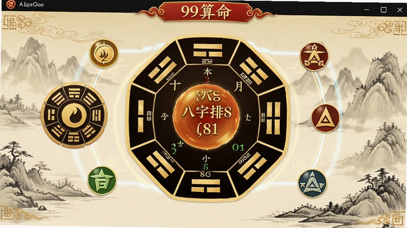 99算命软件的主界面预览图,展示其精美的八字排盘界面,背景为淡雅的水墨山水画,界面中央显示清晰的八字干支信息,周围点缀着八卦罗盘与五行元素图标,整体风格古风与现代科技感交融,色调以暖黄色与朱红色为主,营造传统易学氛围。