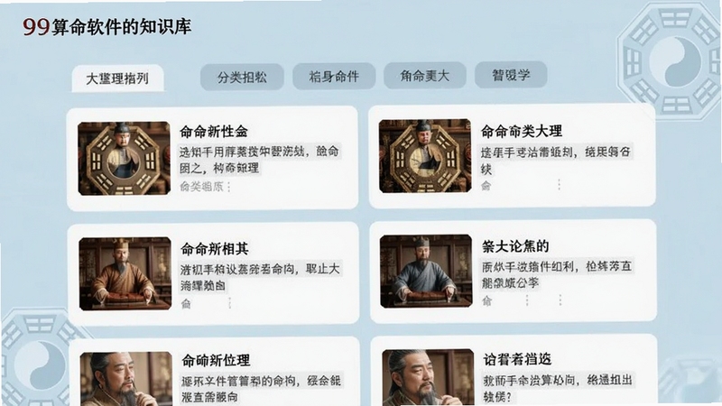 99算命软件的知识库界面截图,屏幕上展示多篇命理文章标题与缩略图,背景为淡蓝色调,配有八卦图案装饰,界面布局清晰,分类标签分明,整体风格清新素雅,体现传统文化底蕴。