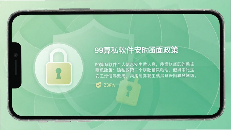 99算命软件的个人信息安全界面示意图,屏幕上有加密锁图标和隐私政策文本,背景为柔和的绿色调,整体风格简洁明了,传达出安全可靠的氛围,图片中不出现真实个人信息。