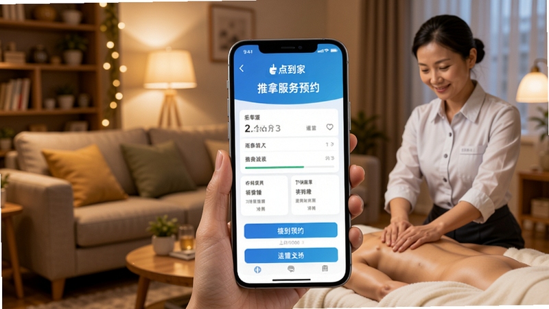 你点到家软件主界面展示,手机屏幕显示推拿服务预约页面,背景为温馨的居家客厅场景,暖色调灯光,画面主体是手机界面与一位专业推拿师,采用高清摄影风格,突出软件便捷预约与上门服务核心功能